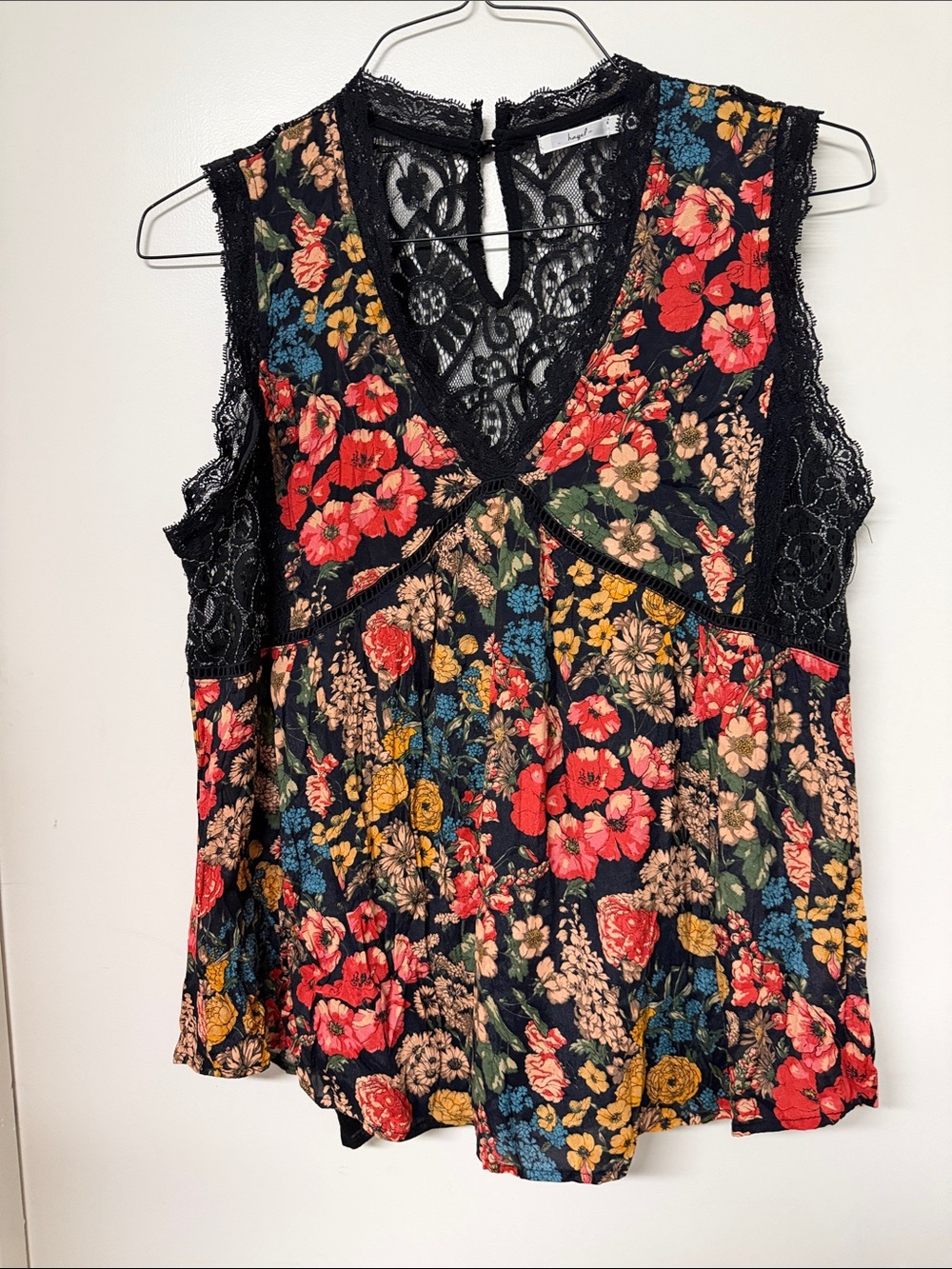 hazel Black Floral WhimsigothLace-Trim V-Neck Camisole with Red & Mustard Blooms
